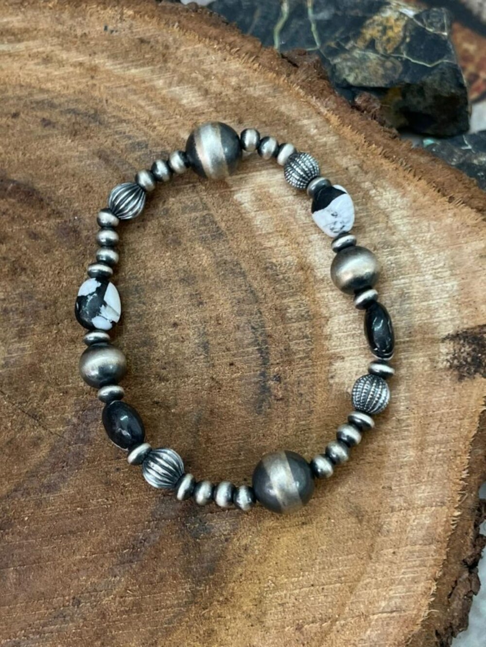 Handmade Sterling Silver Beaded White Buffalo Stretch Bracelet (7)
